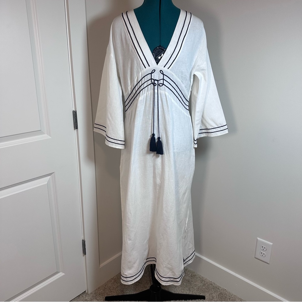 White Maxi Dress with Navy Trim and Tassel Tie